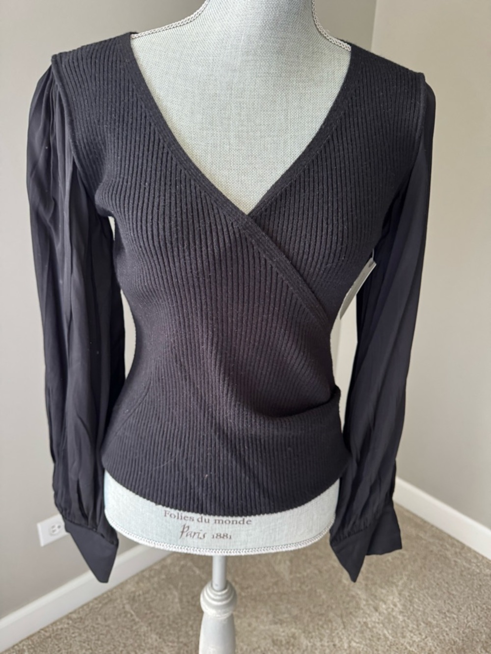Anthropologie Black Ribbed Wrap Sweater with Sheer Long Sleeves